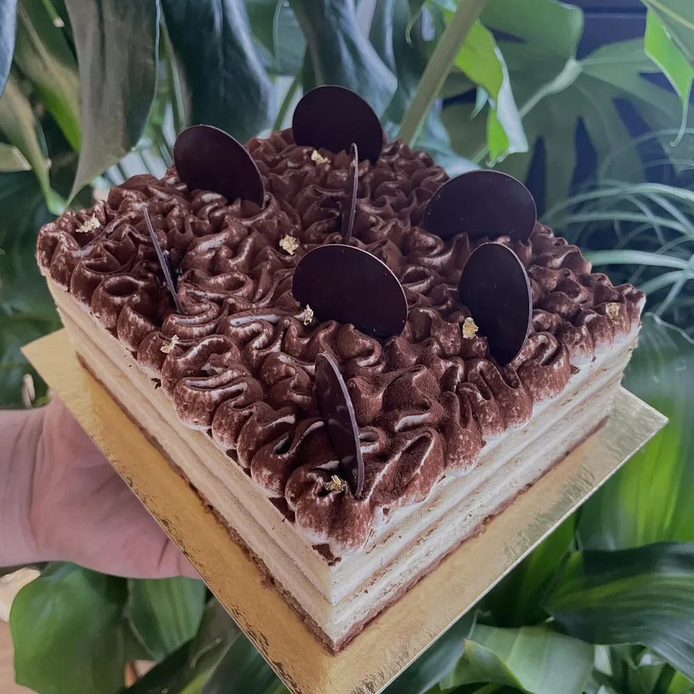 Coffee mascarpone mousse cake with piped cream and chocolate discs